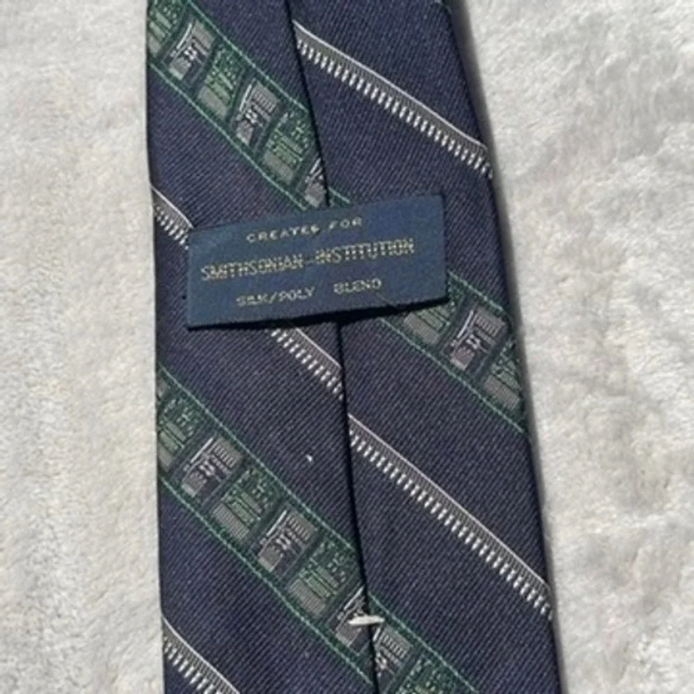 Vintage Smithsonian Navy Blue Circuit Board Tech Silk Blend Necktie Stripe